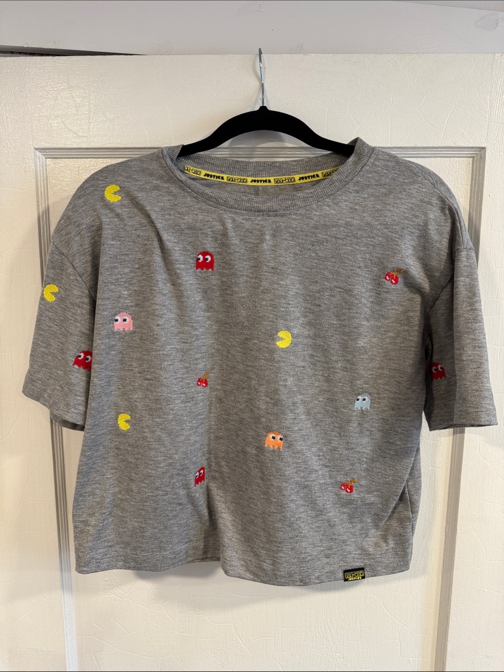 Justice Gray Tee with Multicolor Pac-Man & Ghost Embroidery